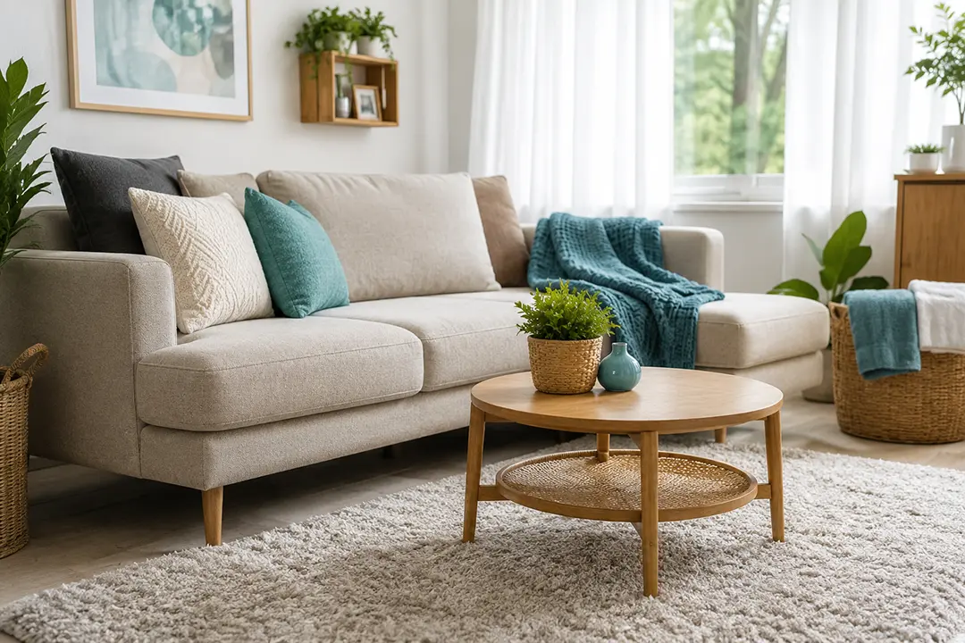 Sala de un hogar con muebles y textiles limpios