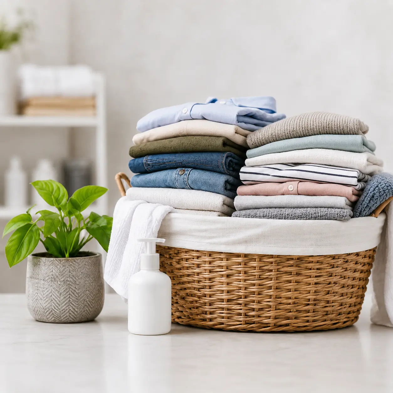 Canasta con ropa doblada y prendas de uso diario en un ambiente de lavandería para representar el servicio de lavandería por libra de Clean Up