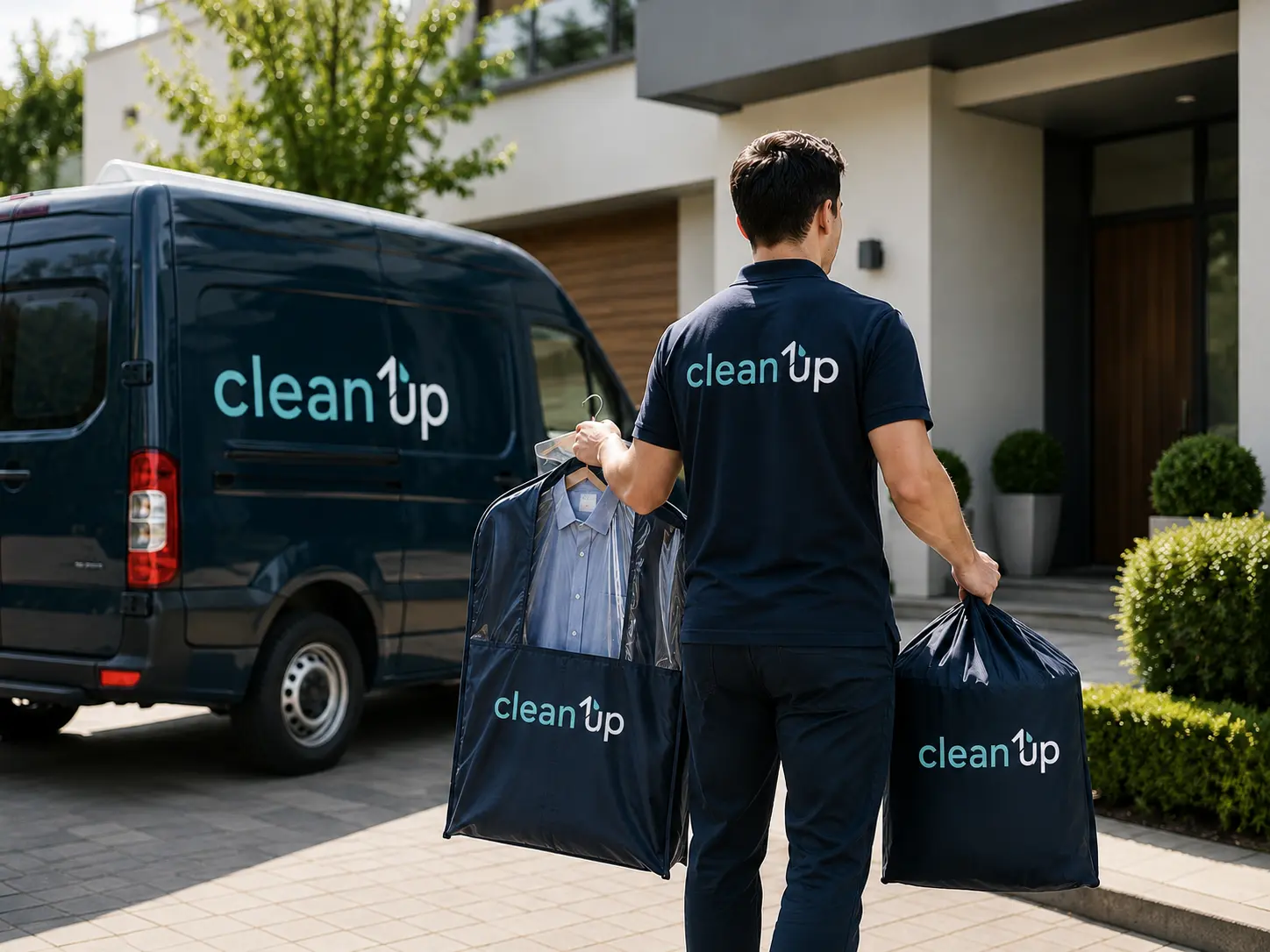 Colaborador de Clean Up realizando servicio a domicilio con prendas protegidas y vehículo de recolección en zona residencial.