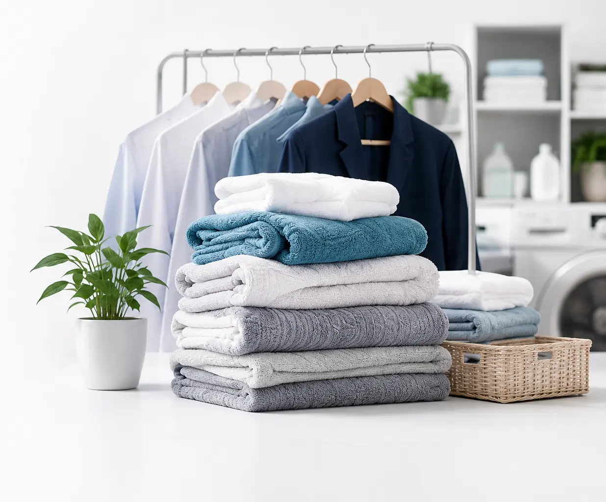 Toallas limpias, prendas colgadas y textiles cuidados para representar los servicios profesionales de lavandería, dry cleaning y cuidado textil de Clean Up