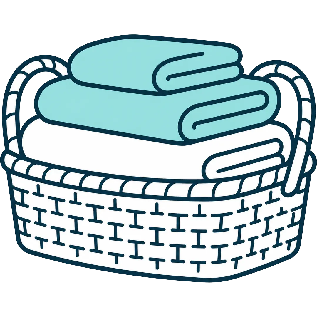 Canasta de mimbre con toallas limpias y planta decorativa para representar servicios de lavandería y cuidado textil para hogares de Clean Up