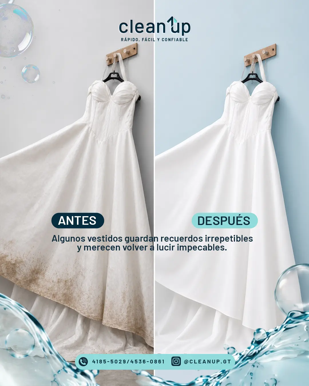 Comparación antes y después de la limpieza profesional de un vestido de novia en Clean Up.